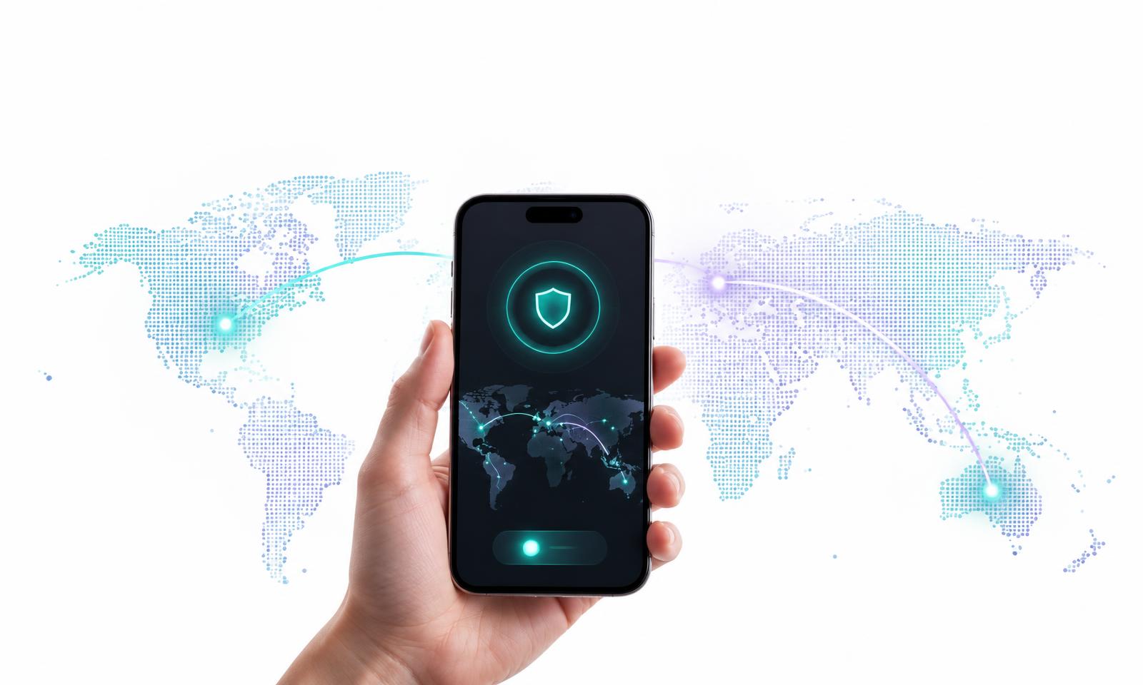 手机 VPN 连接界面与全球连接地图